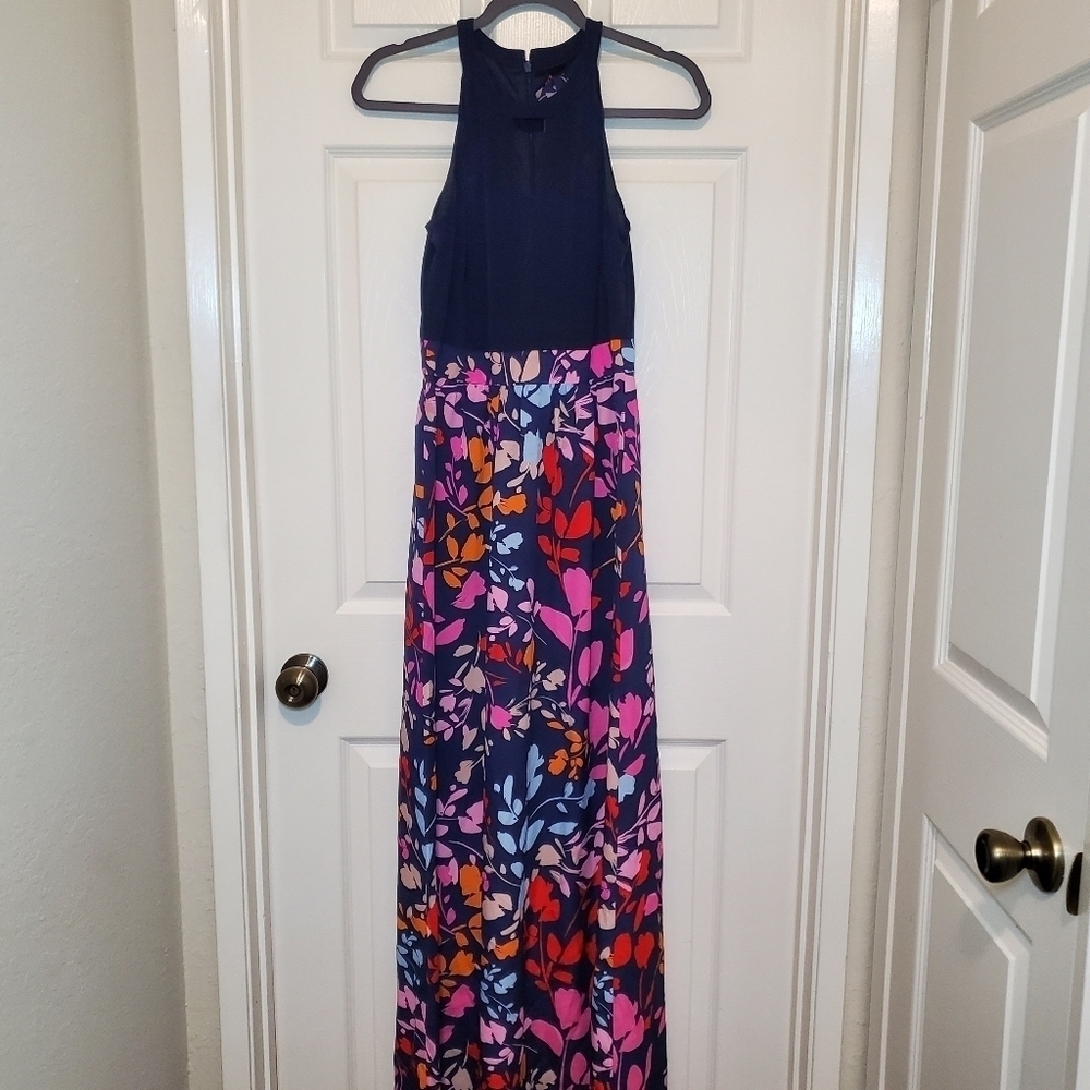 Vince Camuto Colorful Navy Pink Orange Halter w/ Keyhole Maxi Dress w/ Sash sz 6